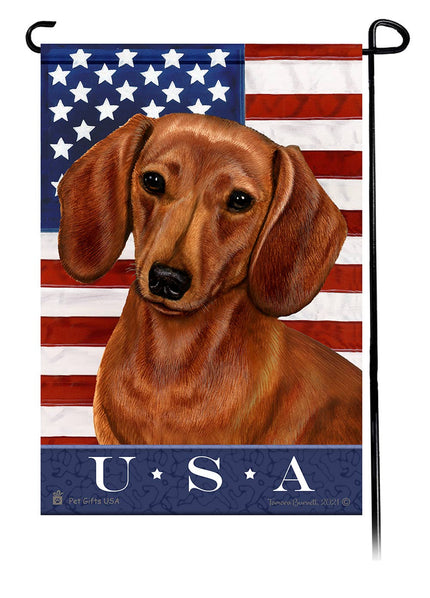 This Dachshund Red USA American Garden Flag is a testament to the beauty of your favorite breed and the American Flag.