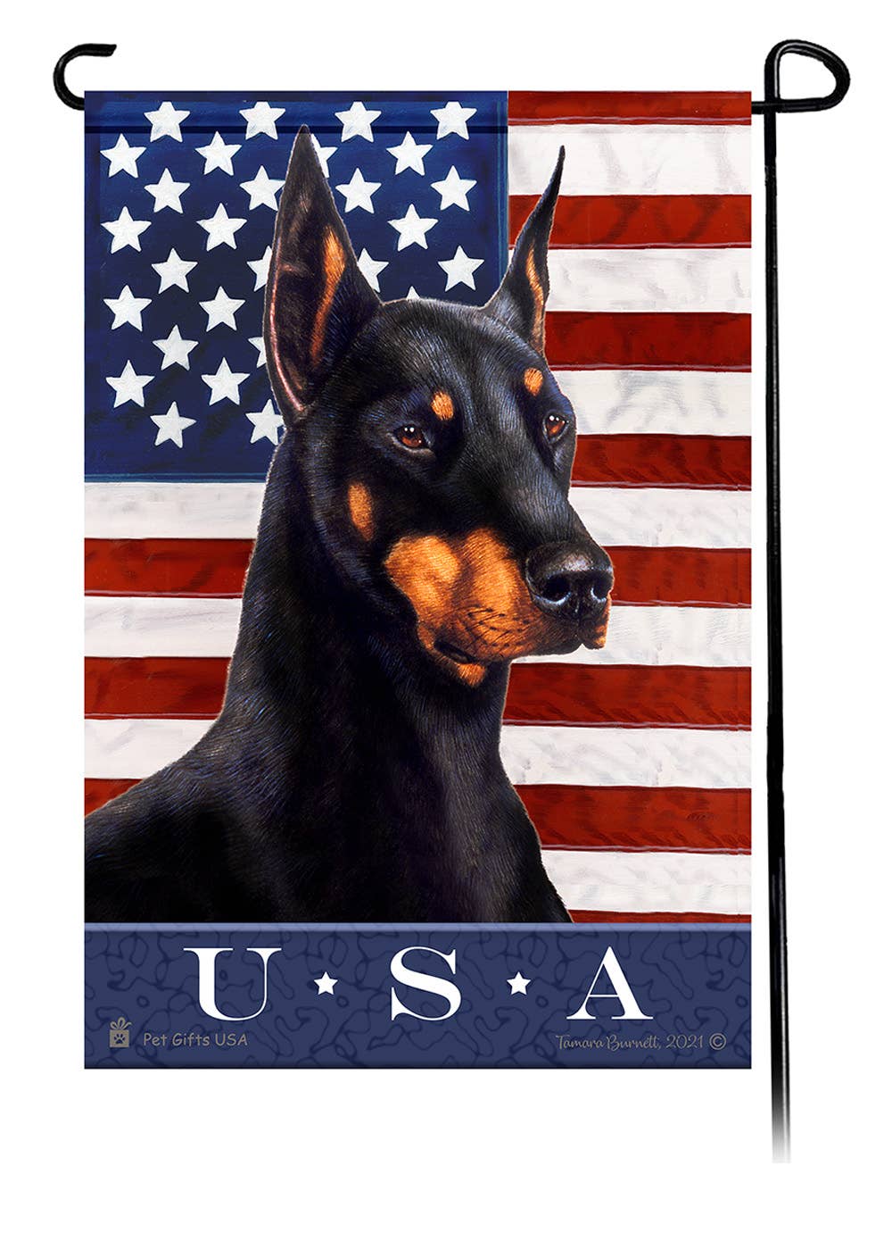 This Doberman Black & Tan Cropped USA American Garden Flag is a testament to the beauty of your favorite breed and the American Flag.