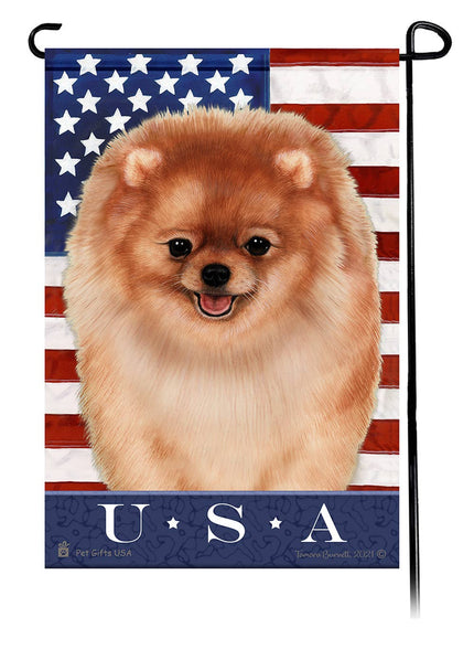 This Pomeranian Orange (Fawn) USA American Garden Flag is a testament to the beauty of your favorite breed and the American Flag