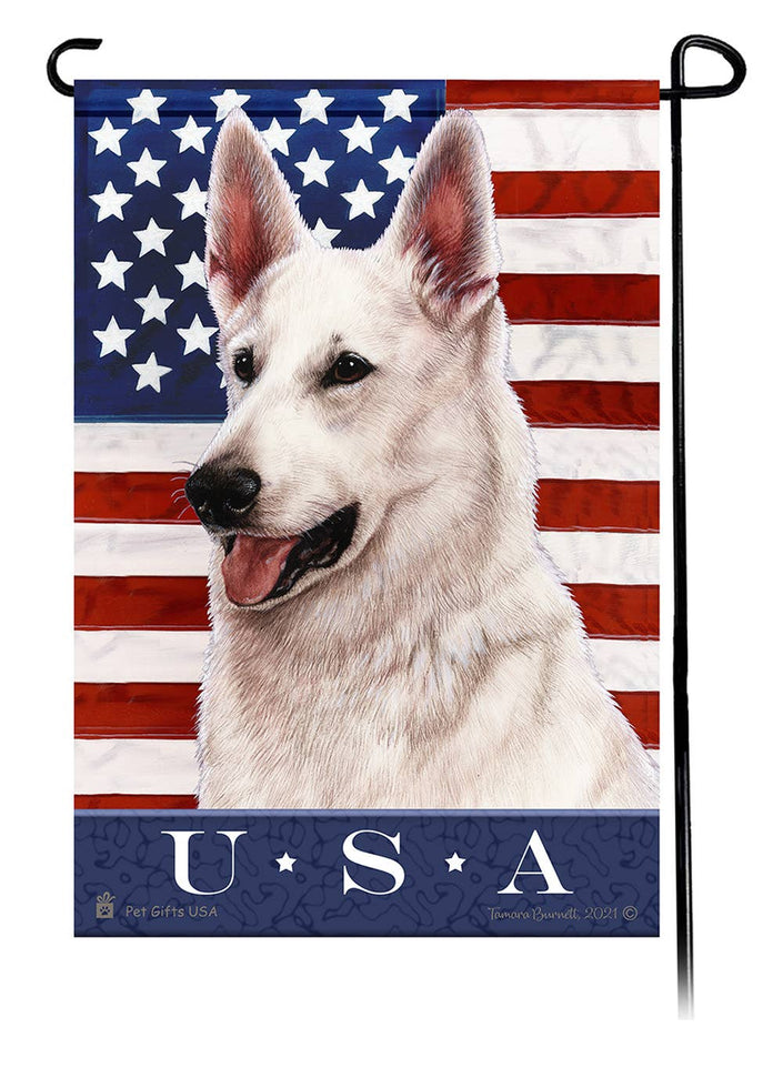 This German Shepherd White USA American Garden Flag is a testament to the beauty of your favorite breed and the American Flag.