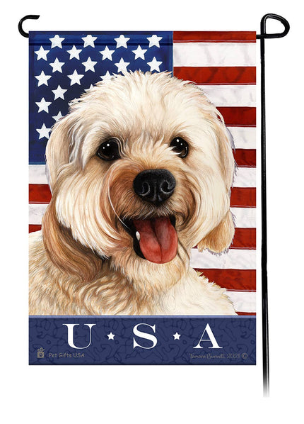 This Cavapoo Blonde USA American Garden Flag is a testament to the beauty of your favorite breed and the American Flag. 