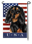 This Dachshund Longhair Black & Tan USA American Garden Flag is a testament to the beauty of your favorite breed and the American Flag.