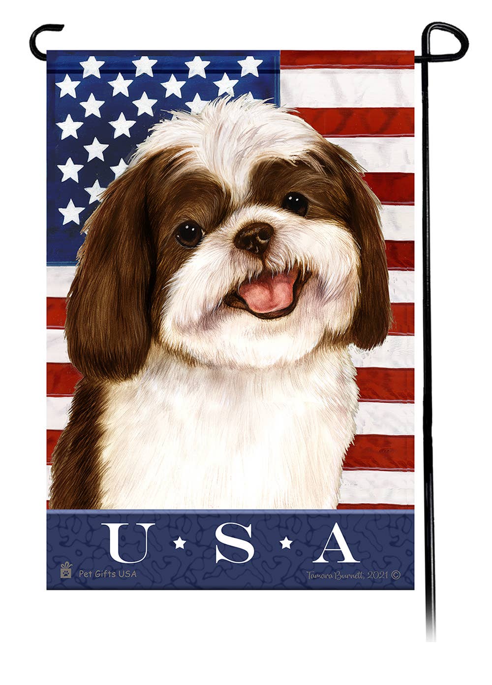 This Shih Tzu Chocolate & White USA American Garden Flag is a testament to the beauty of your favorite breed and the American Flag