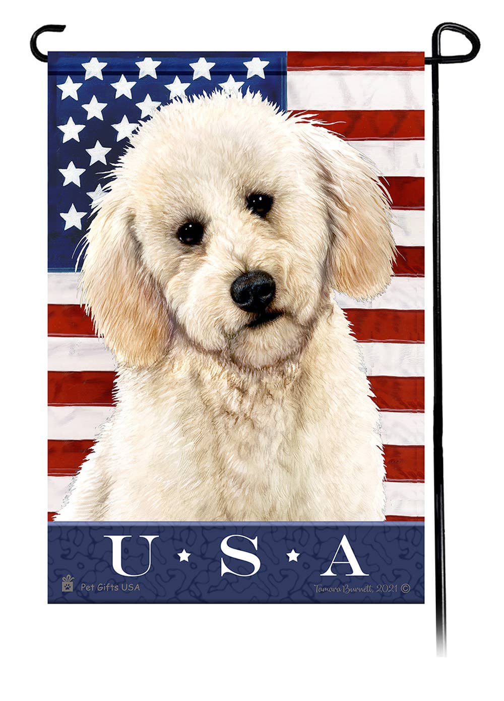 This Labradoodle White Poodle Cut USA American Garden Flag is a testament to the beauty of your favorite breed and the American Flag.