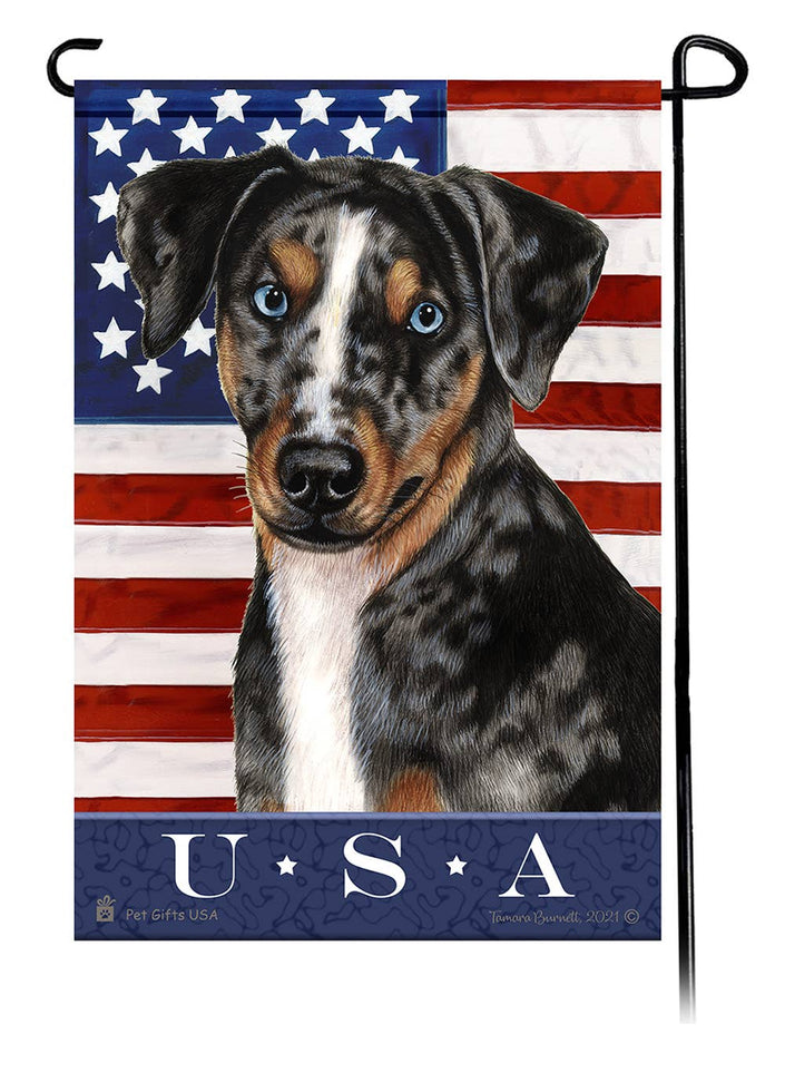 This Catahoula Leopard Dog USA American Garden Flag is a testament to the beauty of your favorite breed and the American Flag.