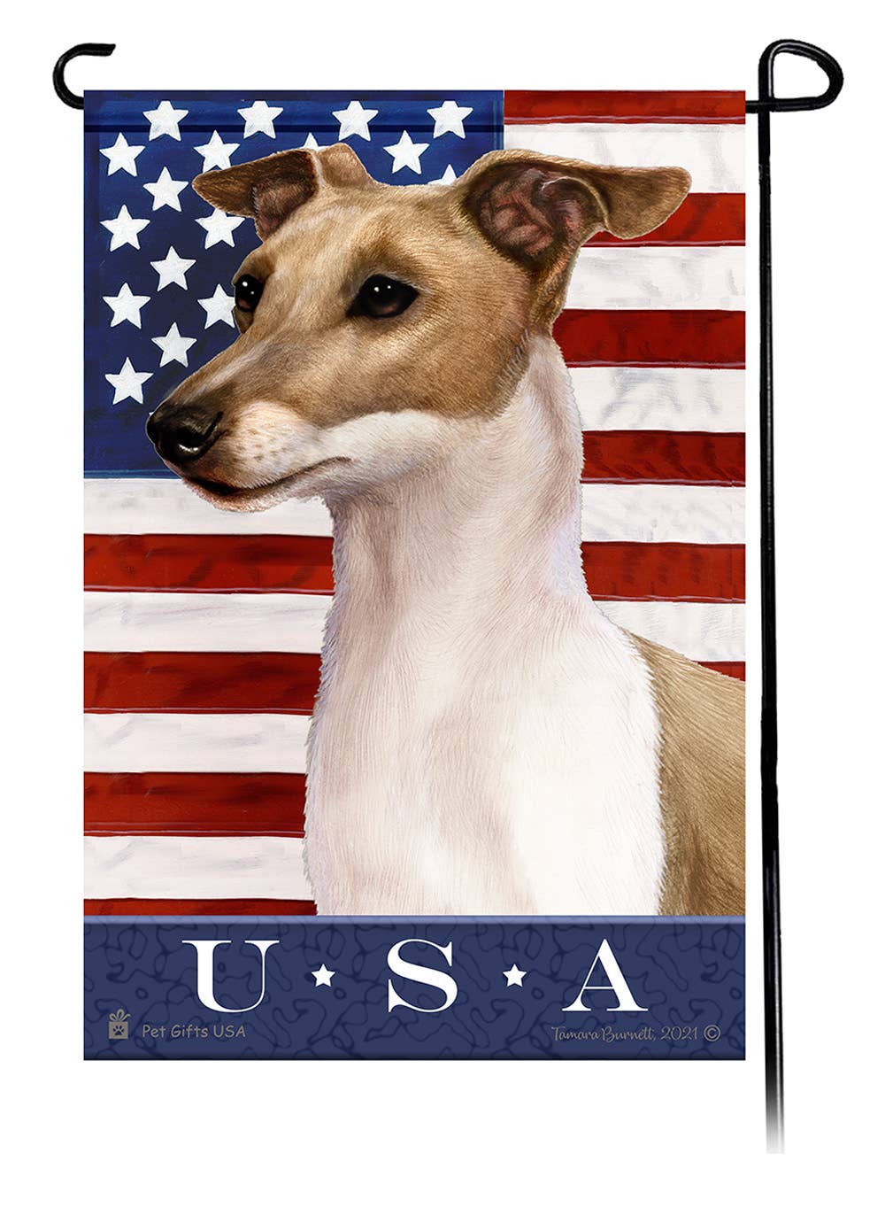 This Italian Greyhound Fawn & White USA American Garden Flag is a testament to the beauty of your favorite breed and the American Flag.