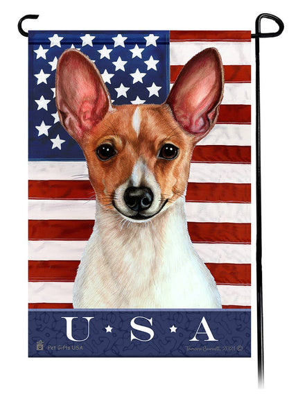 This Toy Fox Terrier Red & White USA American Garden Flag is a testament to the beauty of your favorite breed and the American Flag.