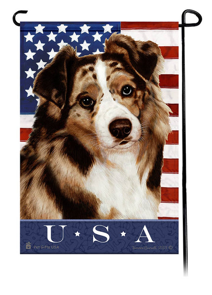 This Australian Shepherd Red Merle USA American Garden Flag is a testament to the beauty of your favorite breed and the American Flag.