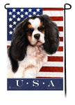 This Cavalier Tri Color USA American Garden Flag is a testament to the beauty of your favorite breed and the American Flag.