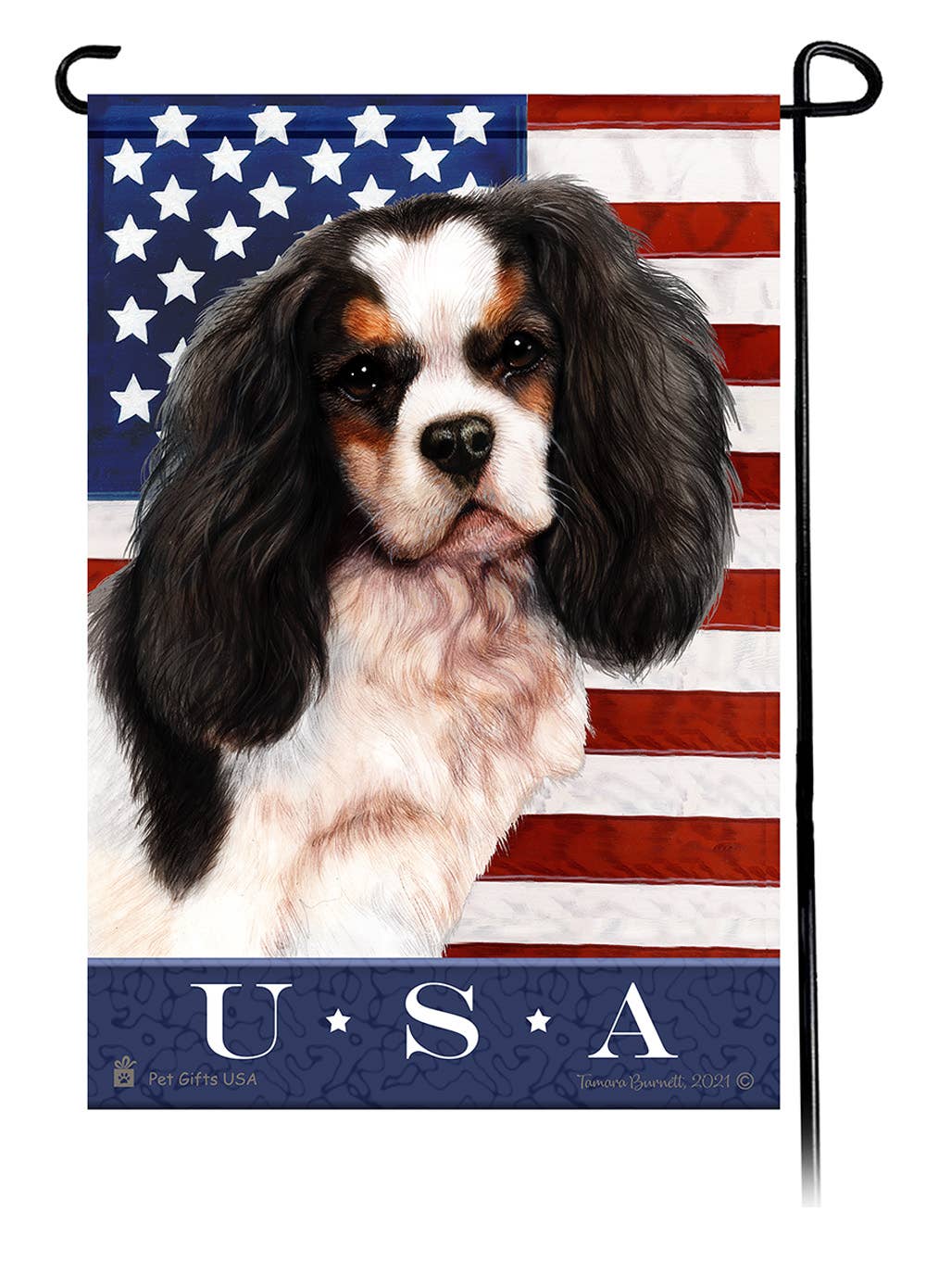 This Cavalier Tri Color USA American Garden Flag is a testament to the beauty of your favorite breed and the American Flag.