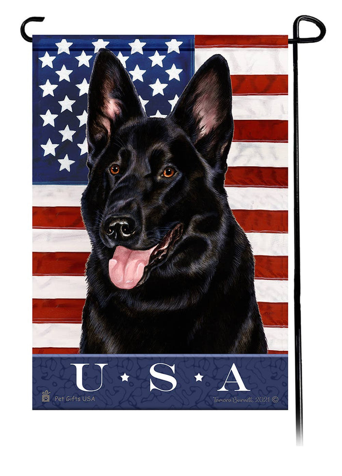 This German Shepherd Black USA American Garden Flag is a testament to the beauty of your favorite breed and the American Flag