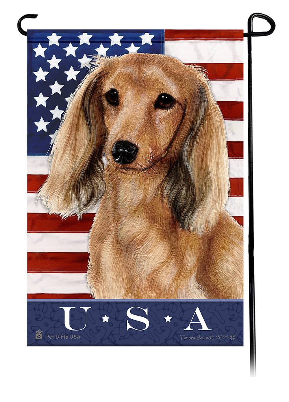 This Dachshund Longhair Cream USA American Garden Flag is a testament to the beauty of your favorite breed and the American Flag