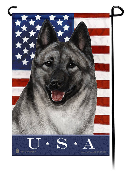 This Norwegian Elkhound USA American Garden Flag is a testament to the beauty of your favorite breed and the American Flag. 