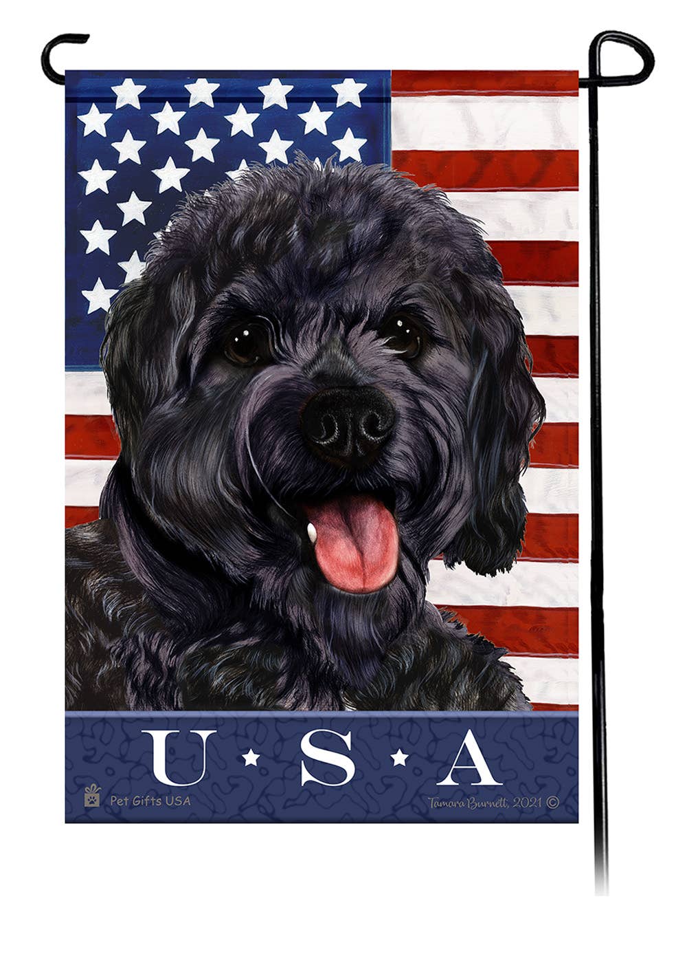 This Cavapoo Black USA American Garden Flag is a testament to the beauty of your favorite breed and the American Flag.