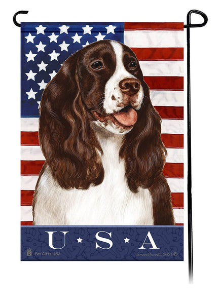 This Springer Spaniel Liver & White USA American Garden Flag is a testament to the beauty of your favorite breed and the American Flag.