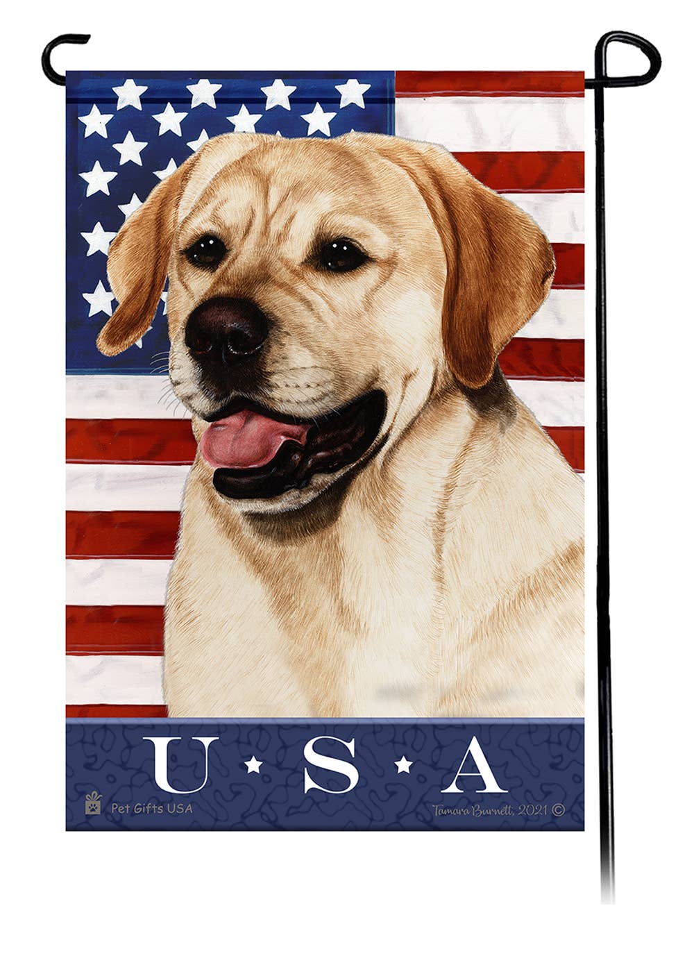 This Labrador Yellow English USA American Garden Flag is a testament to the beauty of your favorite breed and the American Flag.