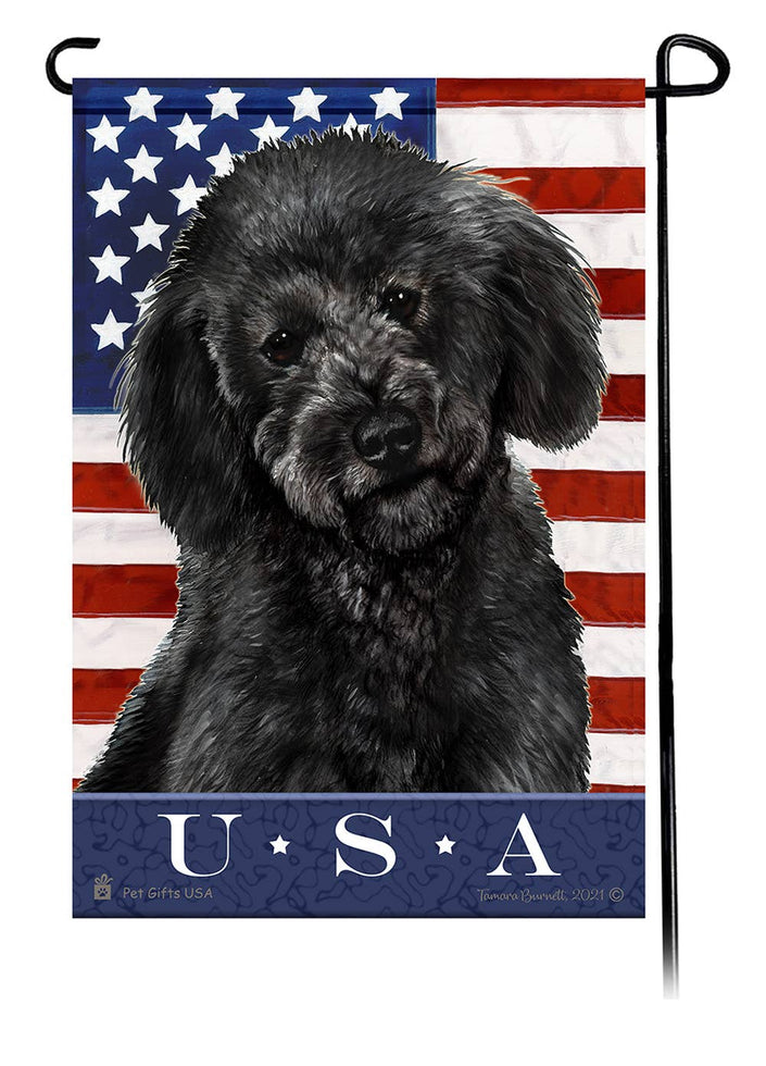 This Labradoodle Black Poodle Cut USA American Garden Flag is a testament to the beauty of your favorite breed and the American Flag.