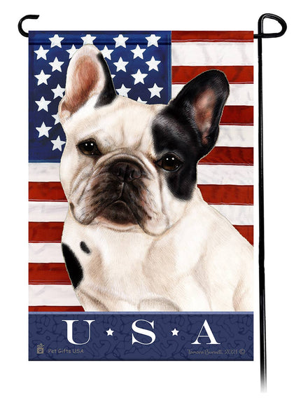 This French Bulldog White & Black USA American Garden Flag is a testament to the beauty of your favorite breed and the American Flag.