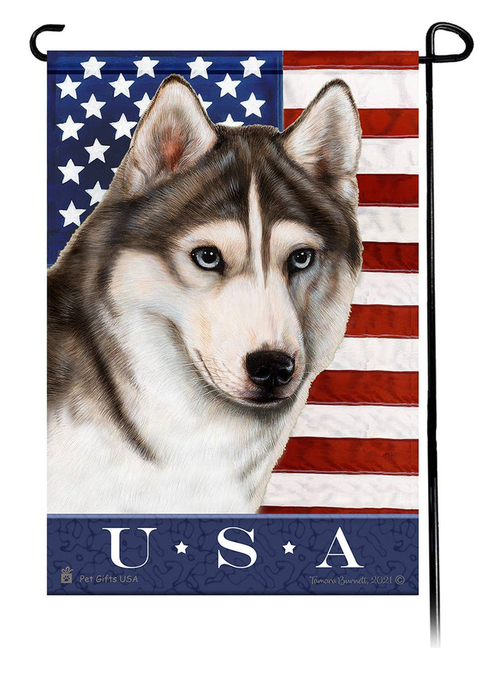 This Siberian Husky Grey & White Blue Eyes USA American Garden Flag is a testament to the beauty of your favorite breed and the American Flag