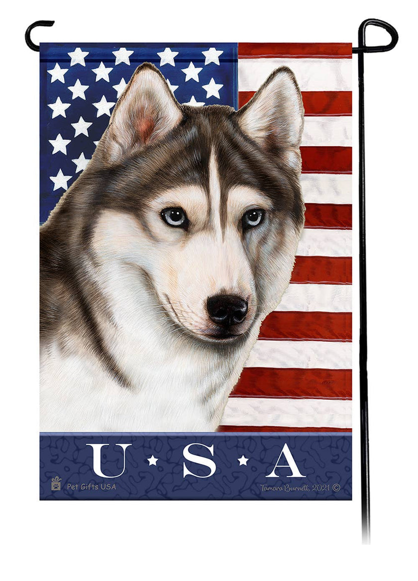 This Siberian Husky Grey & White Blue Eyes USA American Garden Flag is a testament to the beauty of your favorite breed and the American Flag