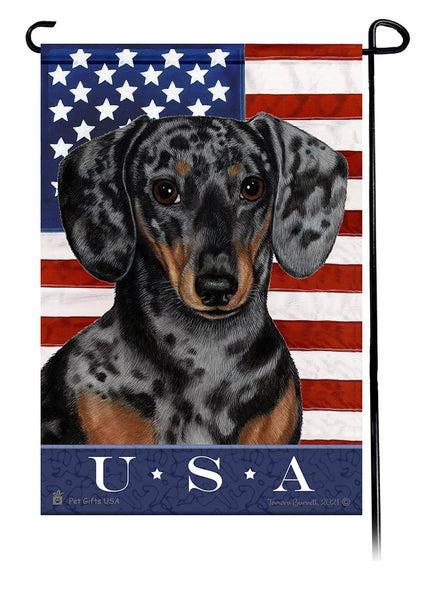 This Dachshund Dapple Light Black & Tan USA American Garden Flag is a testament to the beauty of your favorite breed and the American Flag