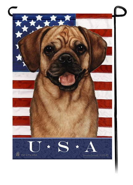 This Puggle Fawn USA American Garden Flag is a testament to the beauty of your favorite breed and the American Flag.