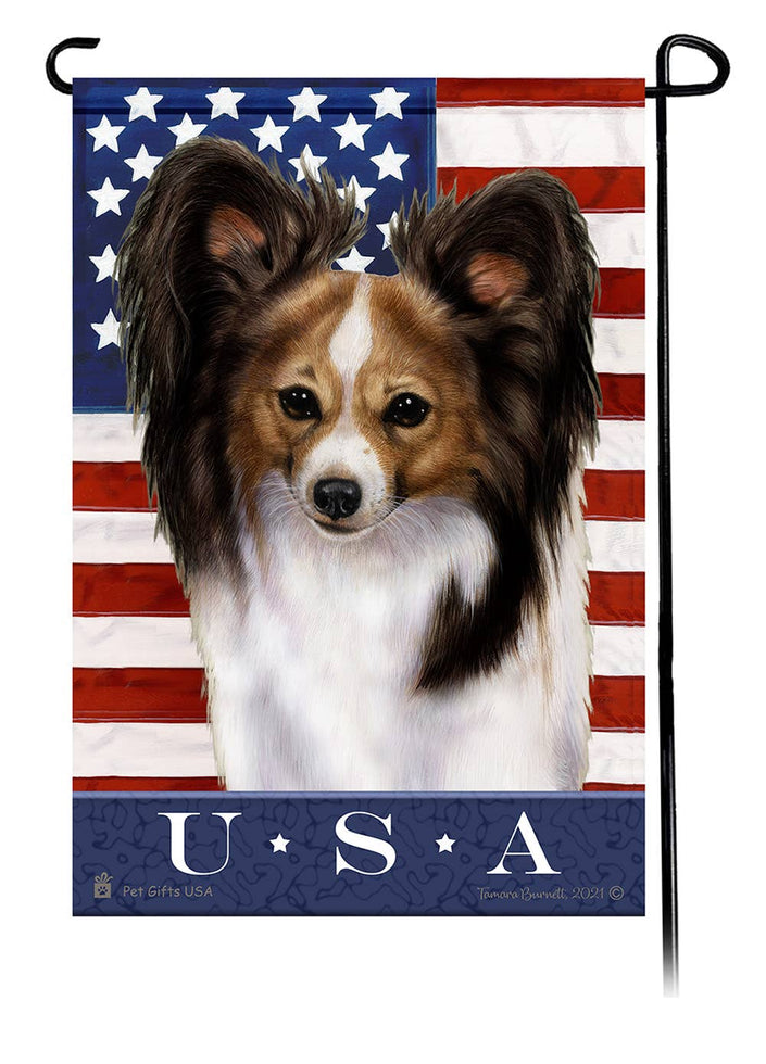 This Papillon Hound Tri Color USA American Garden Flag is a testament to the beauty of your favorite breed and the American Flag.