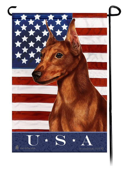 This Min Pin Red Cropped USA American Garden Flag is a testament to the beauty of your favorite breed and the American Flag. 