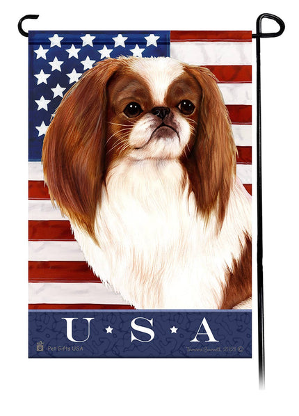 This Japanese Chin Red & White USA American Garden Flag is a testament to the beauty of your favorite breed and the American Flag