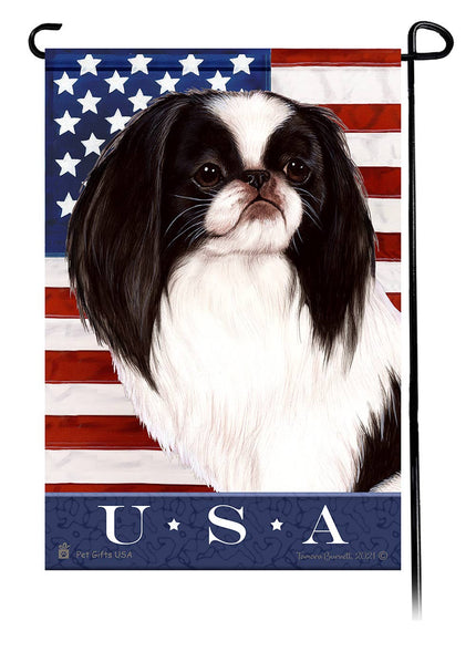 This Japanese Chin Black & White USA American Garden Flag is a testament to the beauty of your favorite breed and the American Flag.