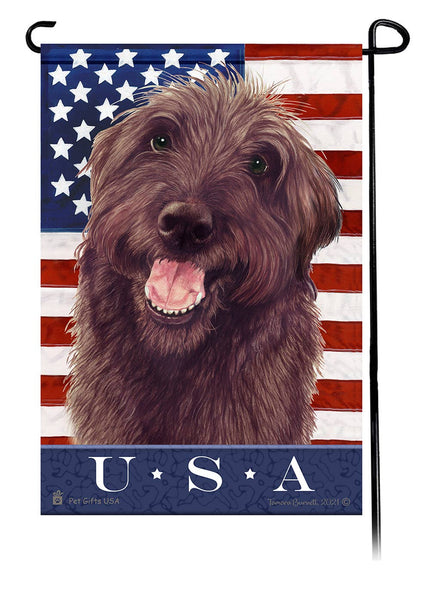 This Labradoodle Chocolate Shaggy Cut USA American Garden Flag is a testament to the beauty of your favorite breed and the American Flag