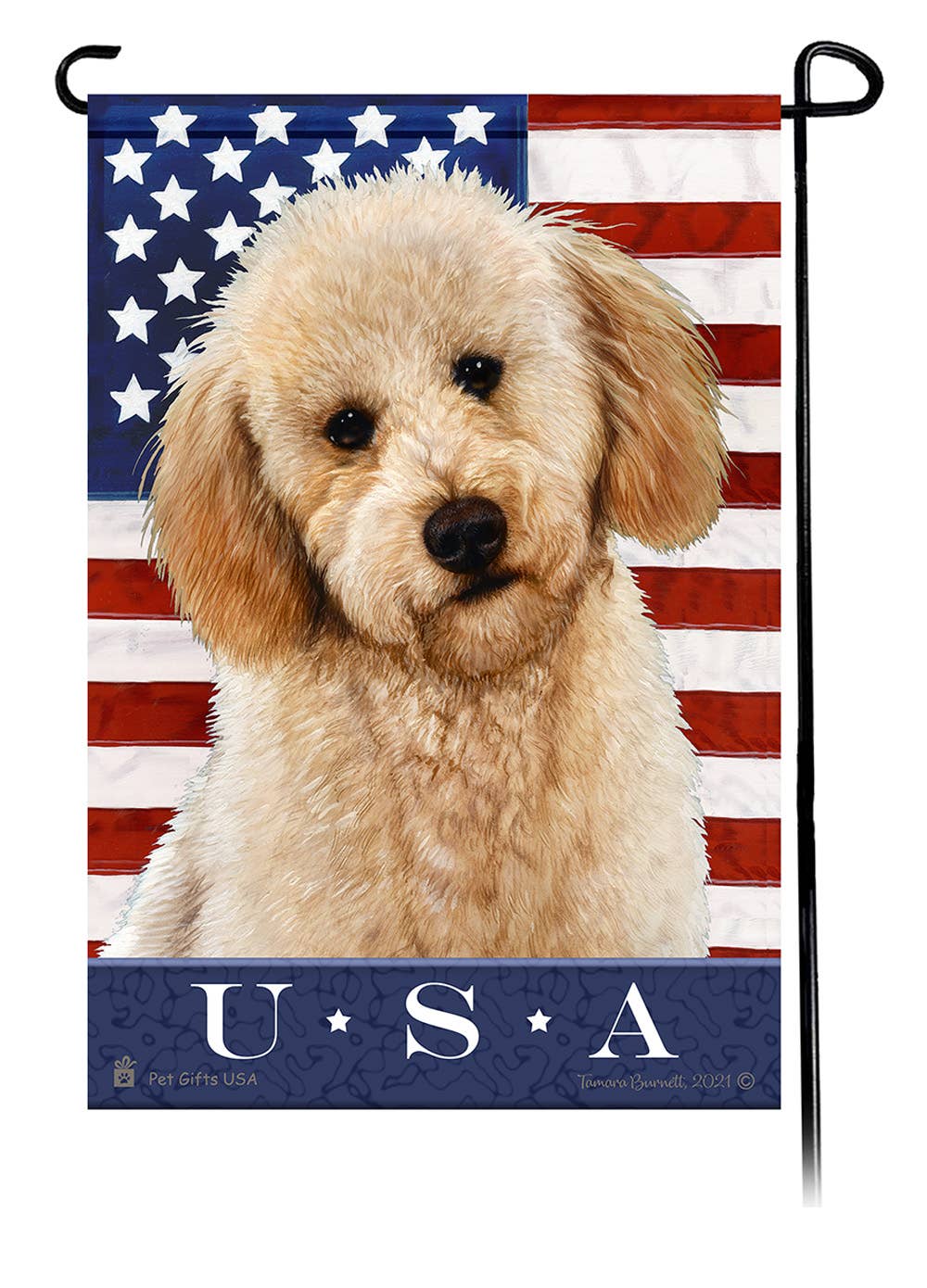 This Labradoodle Blonde Poodle Cut USA American Garden Flag is a testament to the beauty of your favorite breed and the American Flag.