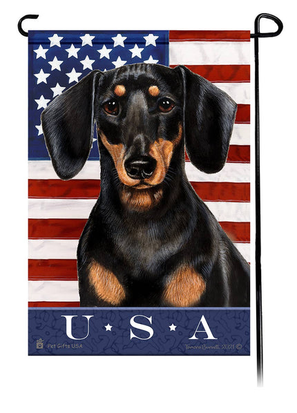 This Dachshund Black & Tan USA American Garden Flag is a testament to the beauty of your favorite breed and the American Flag.