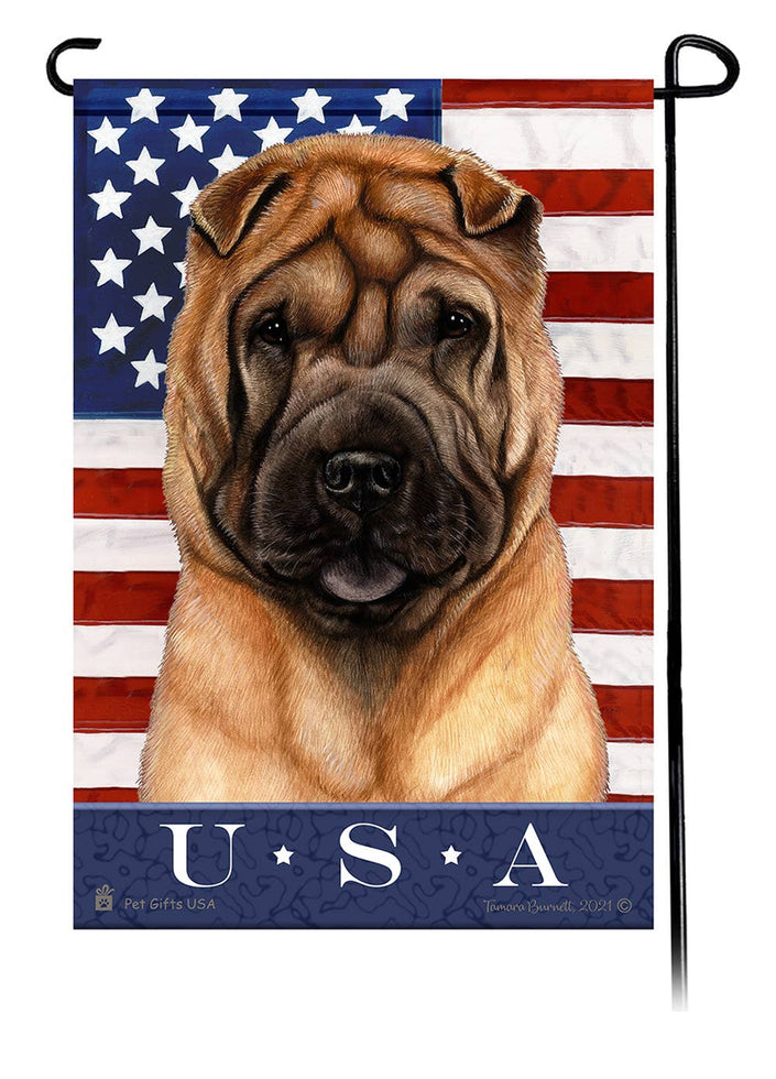 This Shar Pei Fawn USA American Garden Flag is a testament to the beauty of your favorite breed and the American Flag.