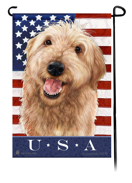 This Labradoodle Blonde Shaggy Cut USA American Garden Flag is a testament to the beauty of your favorite breed and the American Flag. 