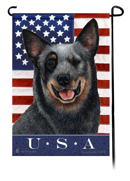 This Australian Cattle Dog Blue Tick USA American Garden Flag is a testament to the beauty of your favorite breed and the American Flag.