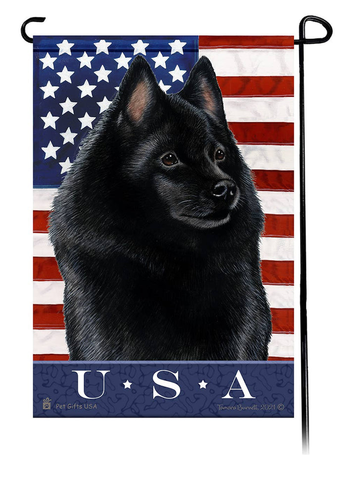 This Schipperke&nbsp; USA American Garden Flag is a testament to the beauty of your favorite breed and the American Flag.