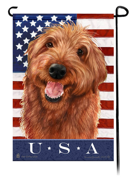 This Labradoodle Red Shaggy Cut USA American Garden Flag is a testament to the beauty of your favorite breed and the American Flag.