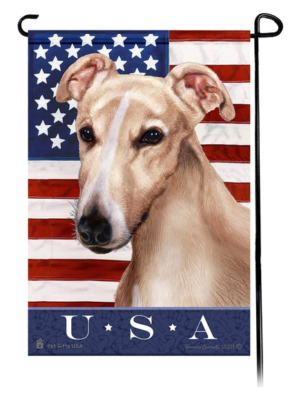 This Greyhound Cream USA American Garden Flag is a testament to the beauty of your favorite breed and the American Flag.