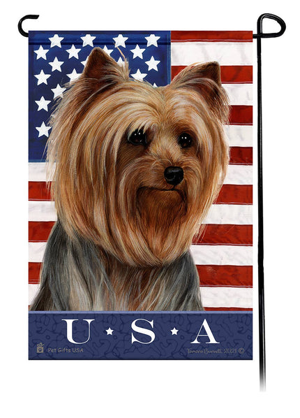 This Yorkie Adult Natural Coat 2 USA American Garden Flag is a testament to the beauty of your favorite breed and the American Flag. 