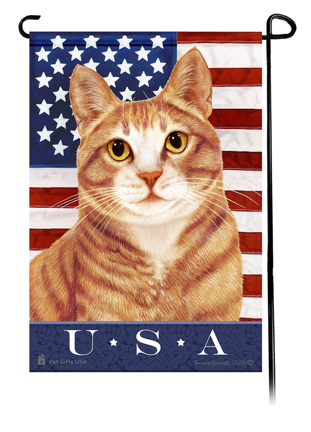 This Tuxedo Orange & White USA American Garden Flag is a testament to the beauty of your favorite breed and the American Flag.
