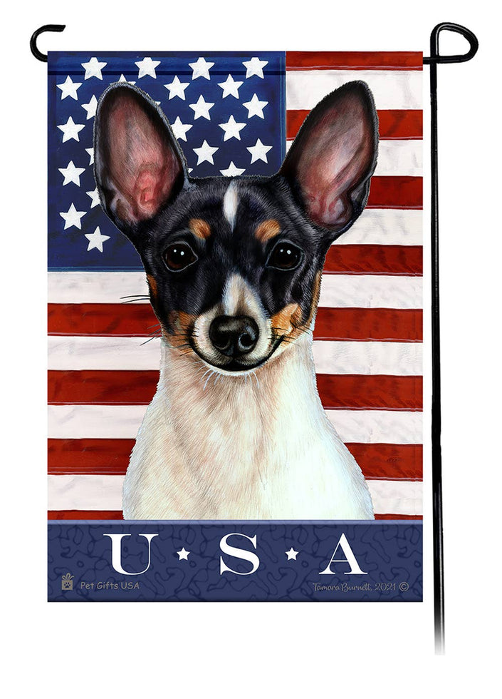 This Toy Fox Terrier Black Tri Color USA American Garden Flag is a testament to the beauty of your favorite breed and the American Flag.