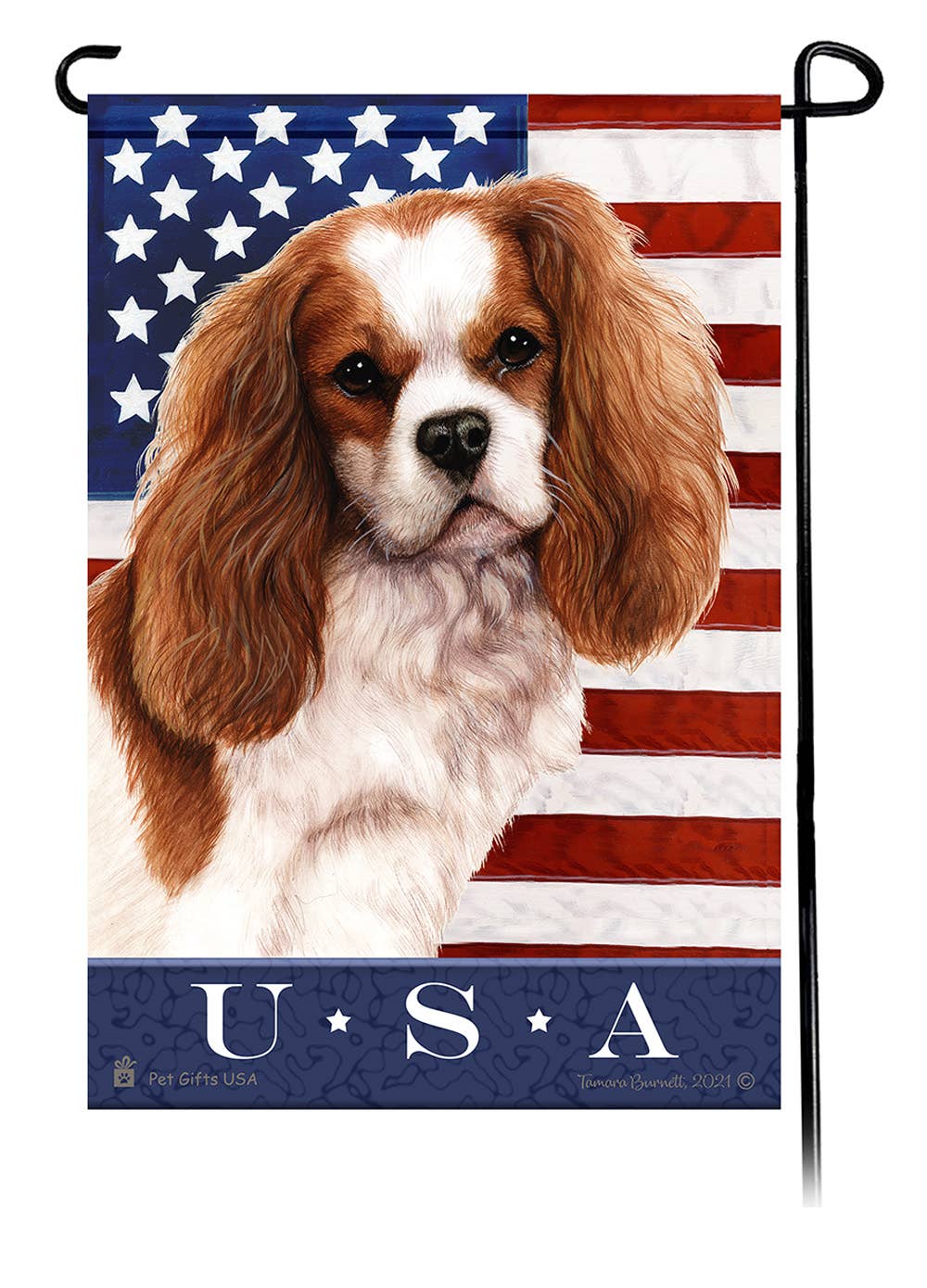 This Cavalier Blenheim USA American Garden Flag is a testament to the beauty of your favorite breed and the American Flag. 