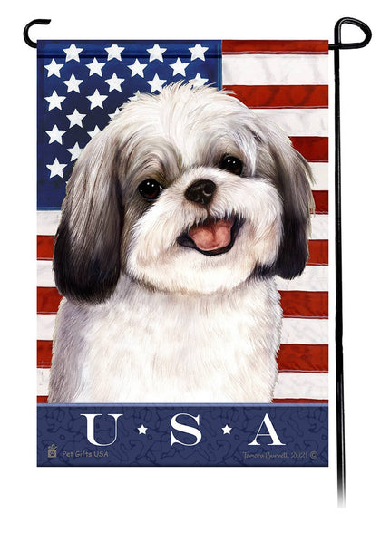 This Shih Tzu Silver & White USA American Garden Flag is a testament to the beauty of your favorite breed and the American Flag.