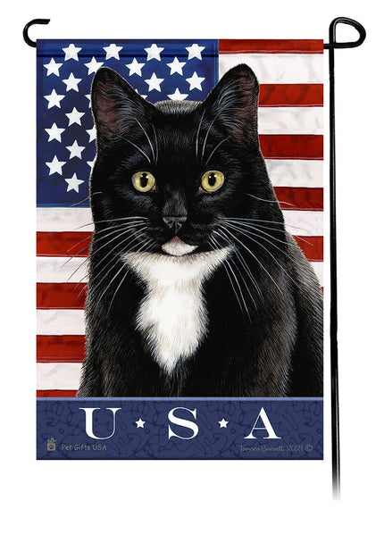 This Tuxedo Black & White USA American Garden Flag is a testament to the beauty of your favorite breed and the American Flag.