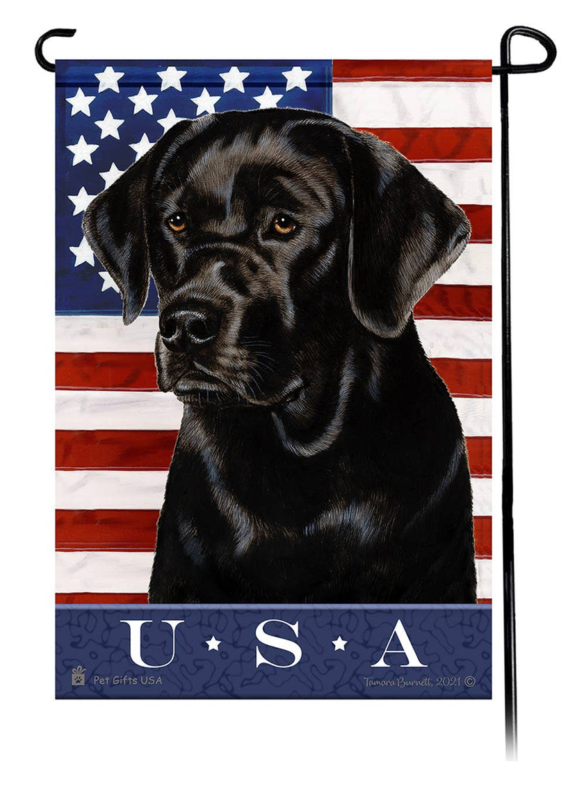 This Labrador Black (English) USA American Garden Flag is a testament to the beauty of your favorite breed and the American Flag