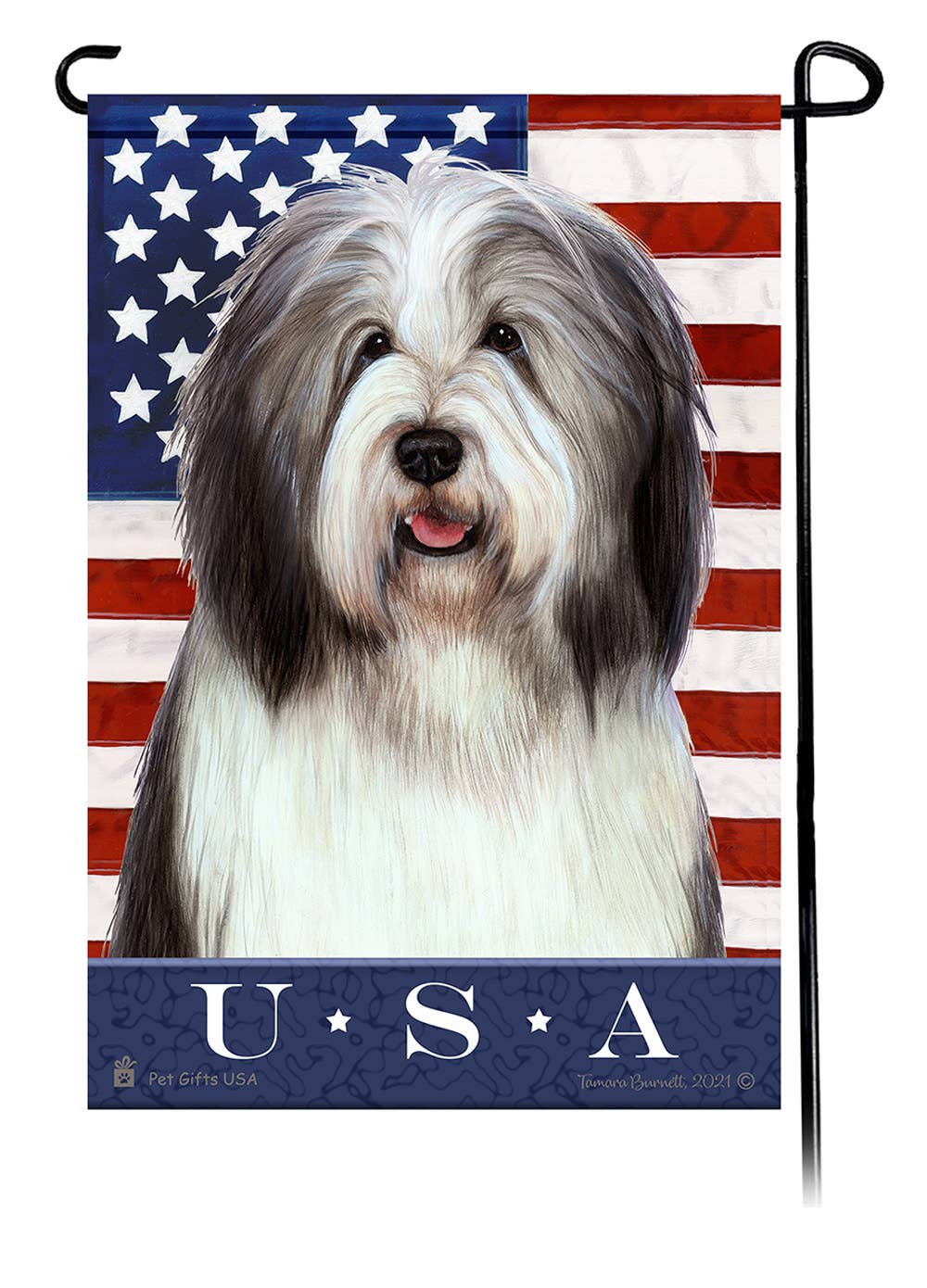 This Bearded Collie Grey & White USA American Garden Flag is a testament to the beauty of your favorite breed and the American Flag.