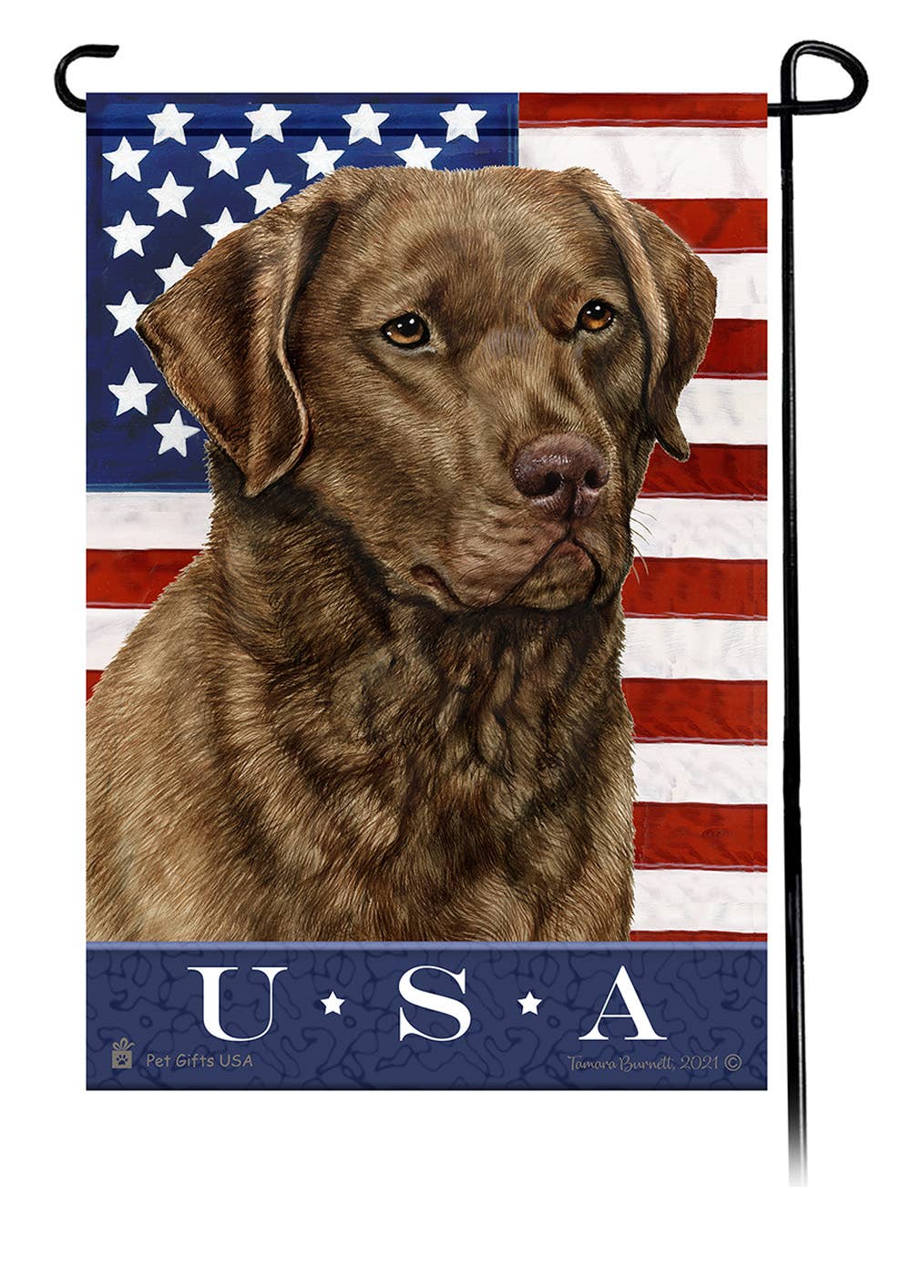 This Chesapeake Bay Retriever Brown USA American Garden Flag is a testament to the beauty of your favorite breed and the American Flag.