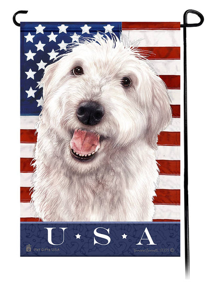 This Labradoodle White Shaggy Cut USA American Garden Flag is a testament to the beauty of your favorite breed and the American Flag.