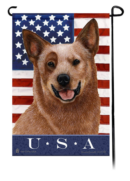 This Australian Cattle Dog Red Tick USA American Garden Flag is a testament to the beauty of your favorite breed and the American Flag.